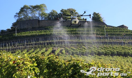 Mit einer Drohne werden über einem Weinberg Pflanzenschutzmittel ausgebracht.