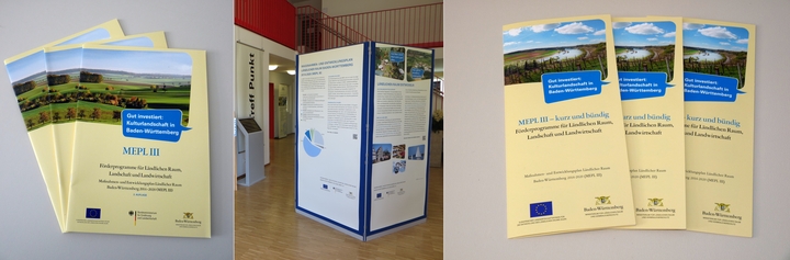 Drei Bilder nebeneinander: Broschüren, Ausstellungstafeln und Flyer