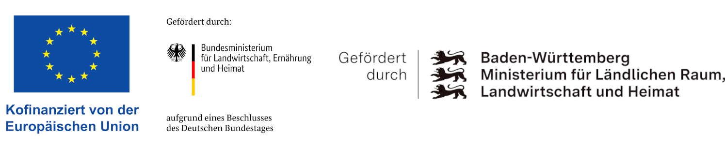 Zusammenstellung der folgenden drei Logos: Logo ELER Europäischer Landwirtschaftsfonds für die Entwicklung des ländlichen Raums, Logo Bundesministerium für Landwirtschaft, Ernährung und Heimat und Logo Ministerium für Ernährung, Ländlichen Raum und Verbraucherschutz