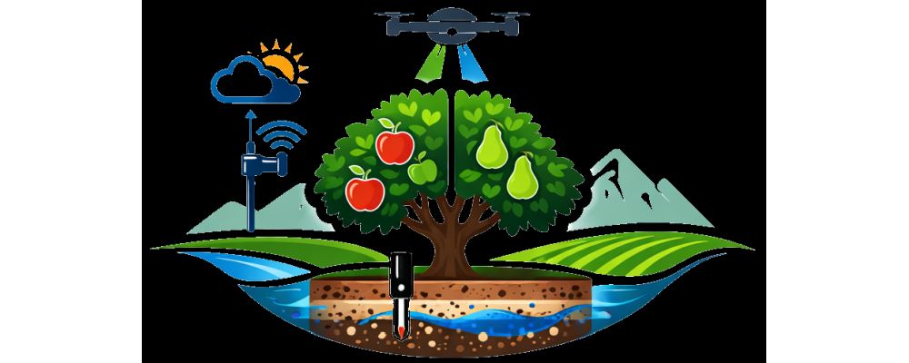 Baum mit Äpfeln und Birnen, Drohne wässert, Bodenschichten, WLAN-Symbol