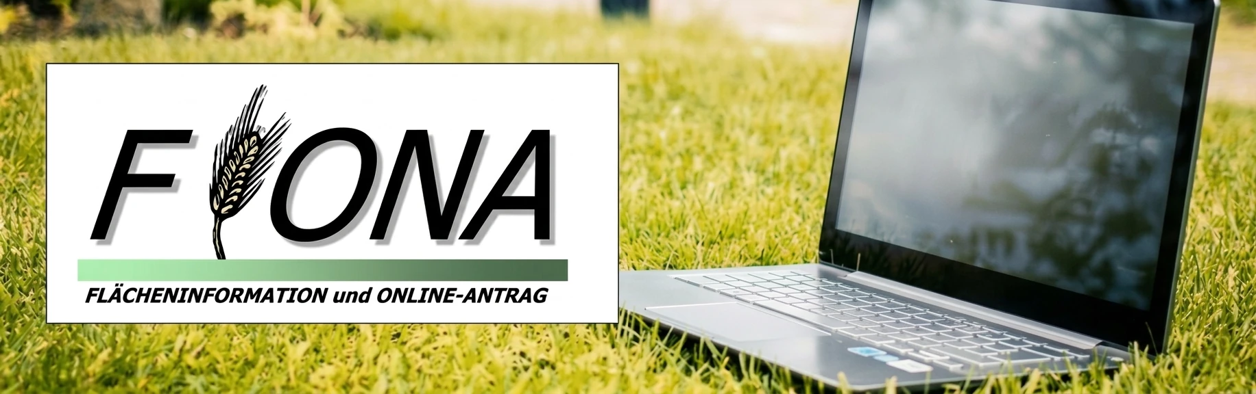 Logo FIONA und ein Laptop auf einer Wiese