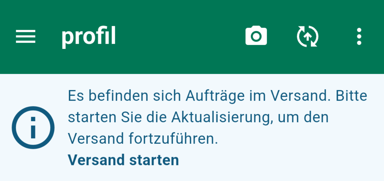 Bildschirmkopie der profil bw-App mit Hinweisen zum Neustart des Auftrags